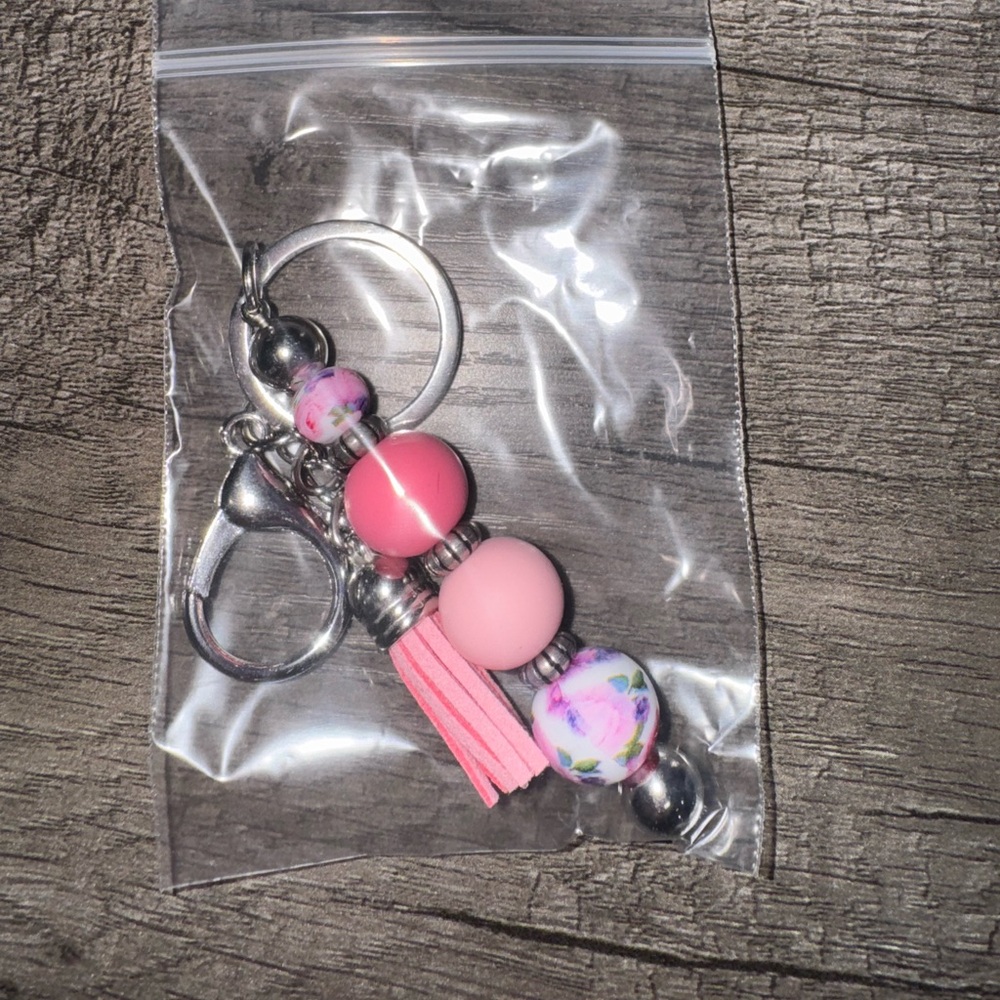 Pink Beaded Keychain with Tassel